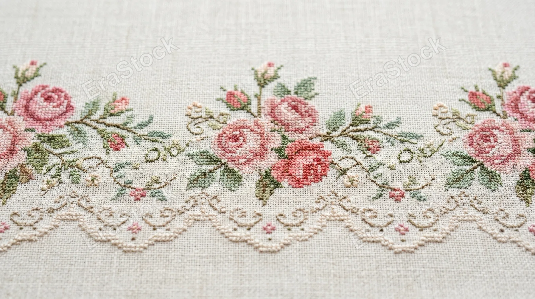 Pink rose embroidery lace border in seamless cross-stitch style, vintage cottagecore floral ornament with graceful stitched elegance, ultra-realistic, no logos.