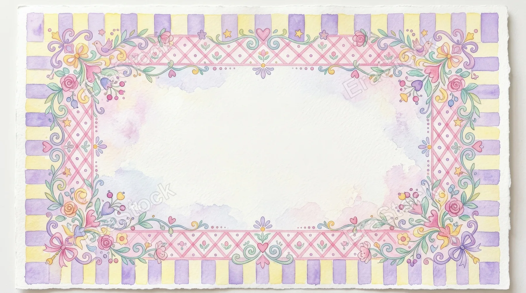 Whimsical watercolor background frames with light yellow and violet stripes and a pink diamond pattern, delicate pastel washes and playful symmetry, dreamy decorative atmosphere, ultra-realistic, no