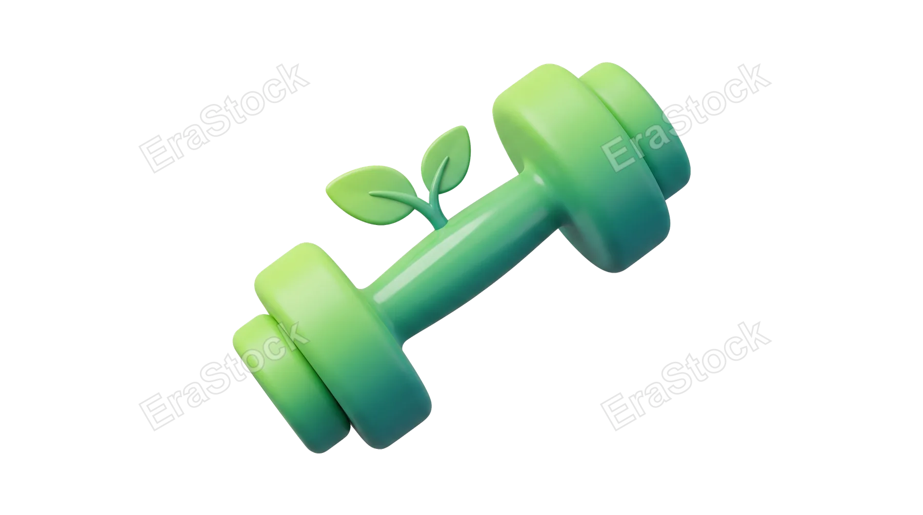 A 3D rendered dumbbell in gradient green hues, with a small plant growing from its center, representing wellness and nature
