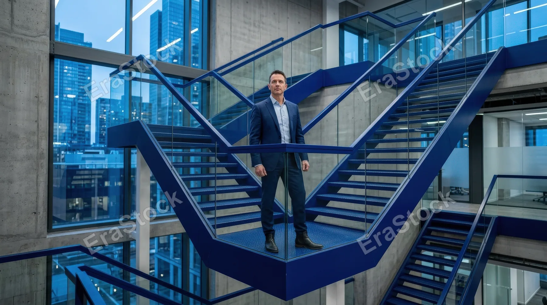 A man standing on a blue zigzag staircase and looking forward, crisp architectural composition, sharp turns, cool tonal palette, symbol of strategic agility and non-linear business growth, focused
