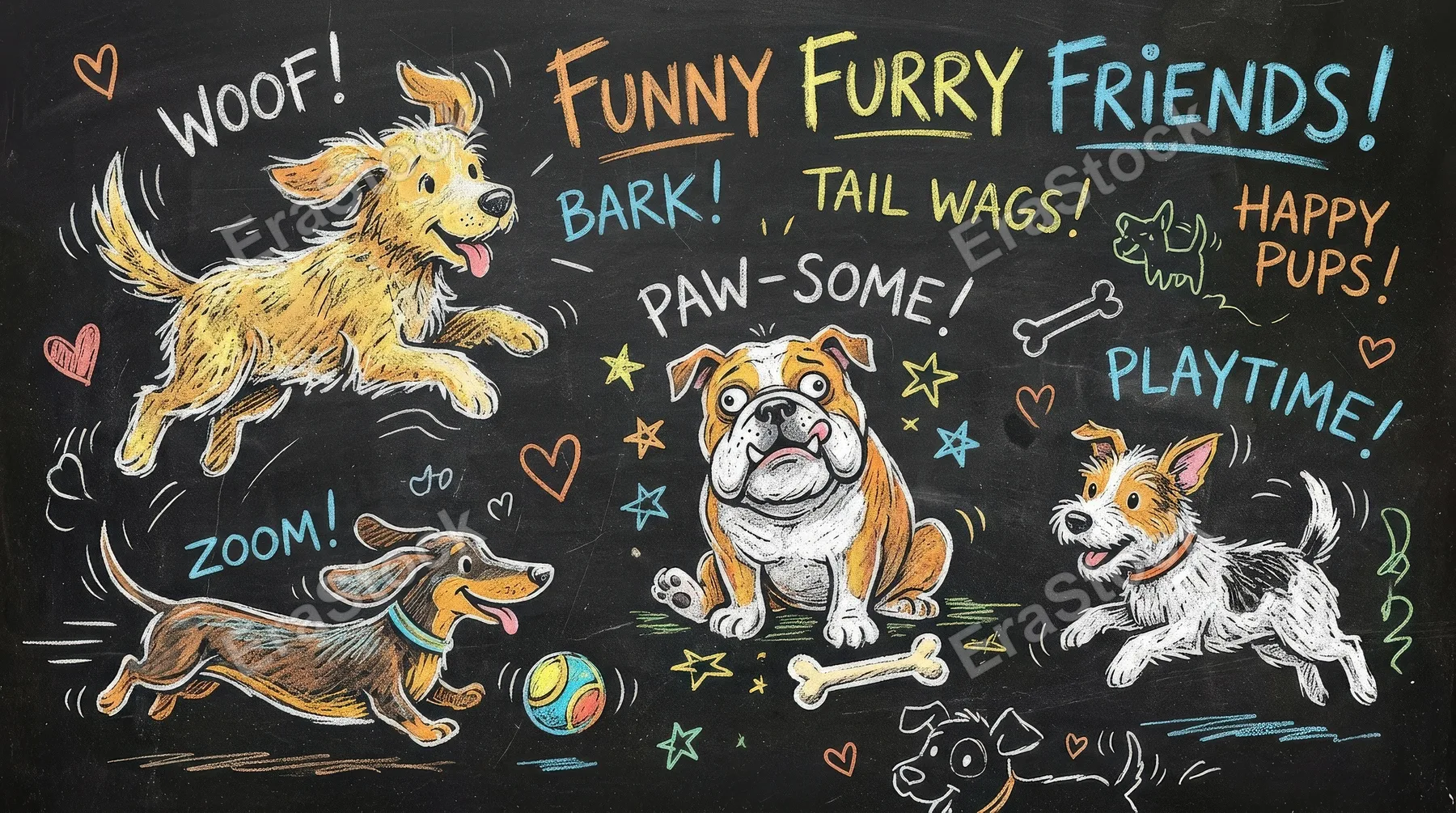 Funny dog sketches in scribble chalk style, whimsical puppy outlines, rough crayon texture and a playful poster-ready mood, ultra-realistic, no logos.
