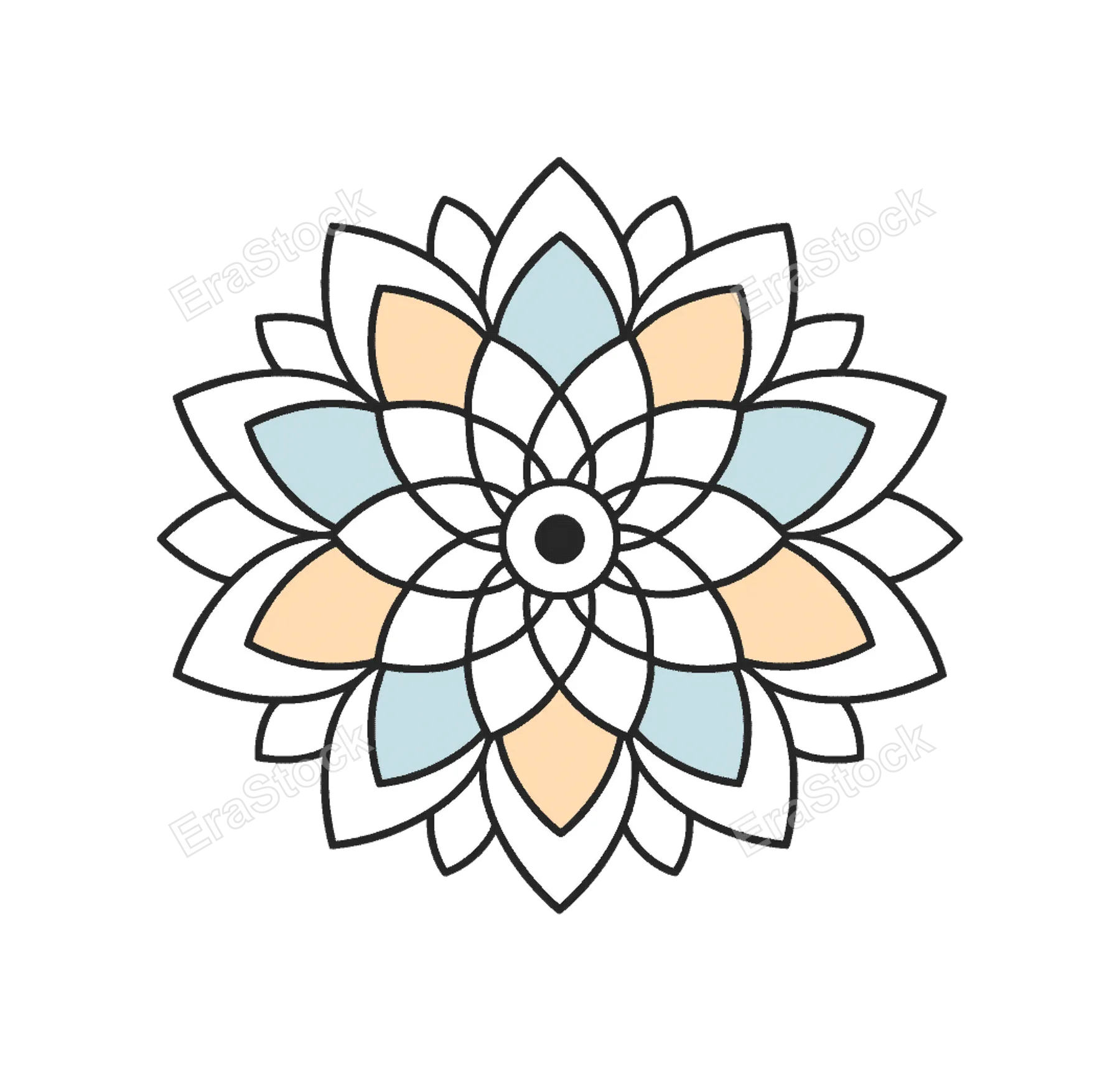Mindfulness and inner balance through structured decorative symmetry, a circular mandala ornament composed of repeating petal shapes and a central dot core symbolizing