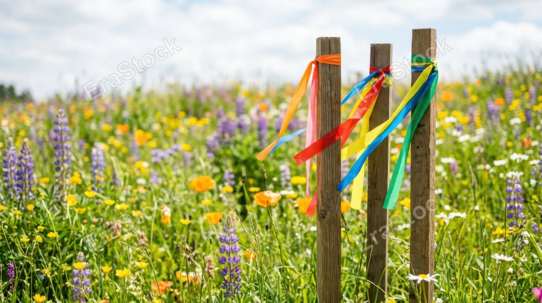a bold, graphic composition of the wooden stakes and colorful flagging tape against a rich tapestry of wildflowers in the meadow, emphasizing ample negative space around