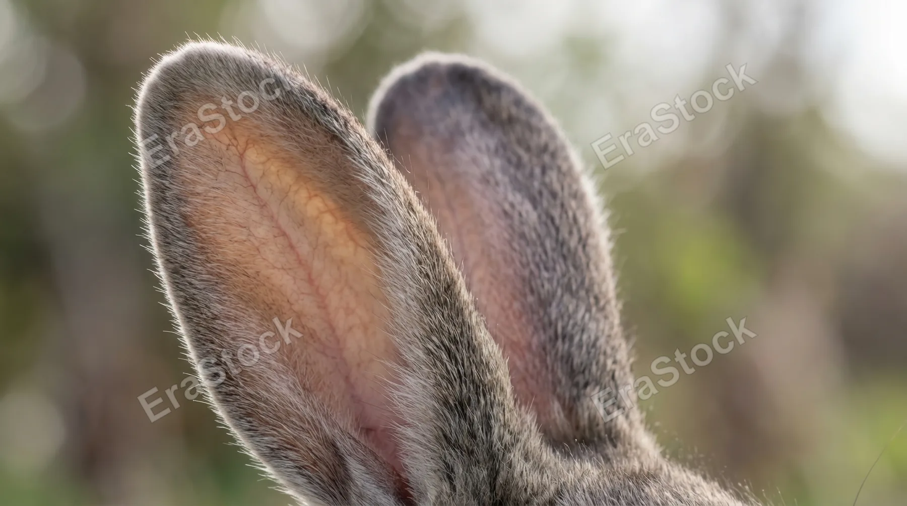 Extreme close-up of rabbit ears with soft fur texture, delicate fine hairs catching the light, subtle pink tones visible through thin skin, background gently blurred to