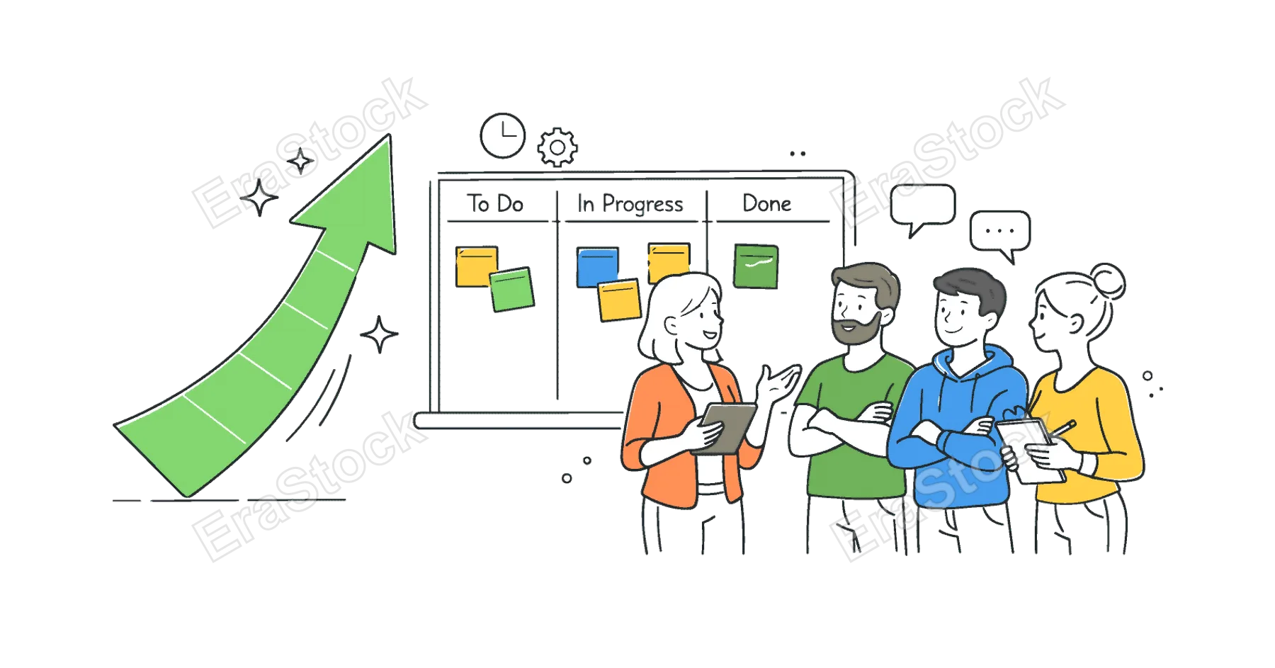 Product development stand-up meeting scenario where a team gathers near a large progress arrow and a simple kanban board with a few task cards, illustrating daily agile