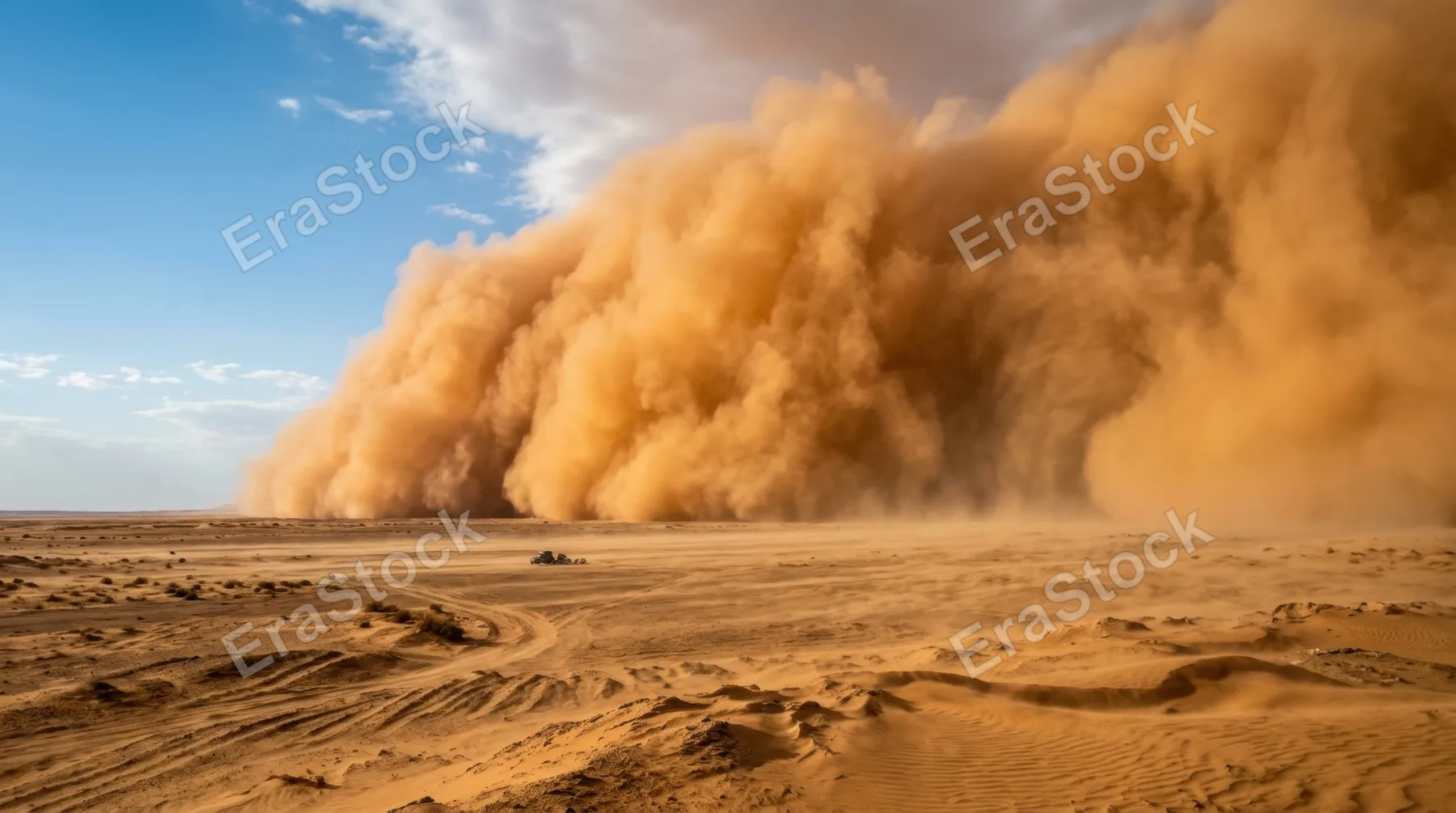 A massive sandstorm wall hundreds of meters tall rolling across a flat desert plain, the leading edge a sharp curtain of amber particles swallowing the landscape, the sky