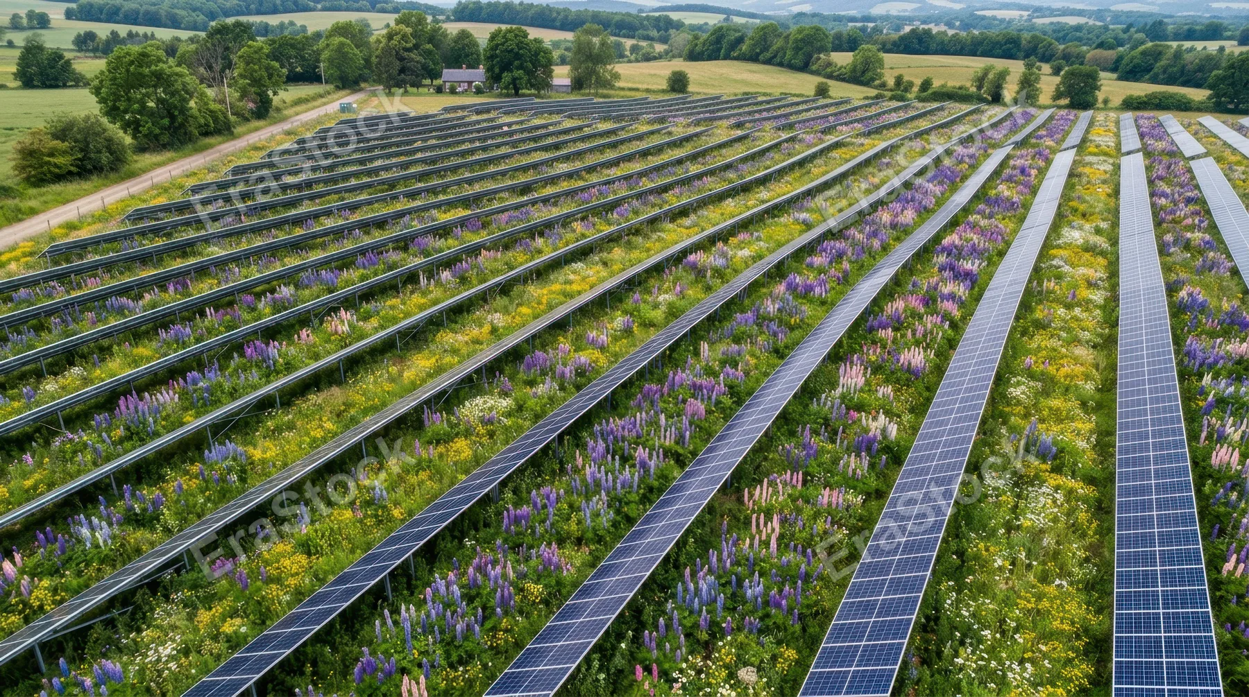 an overhead angle reveals the intricate layout of blooming lupines and solar panels, with vibrant wildflowers filling the pollinator strips, creating a rhythmic pattern