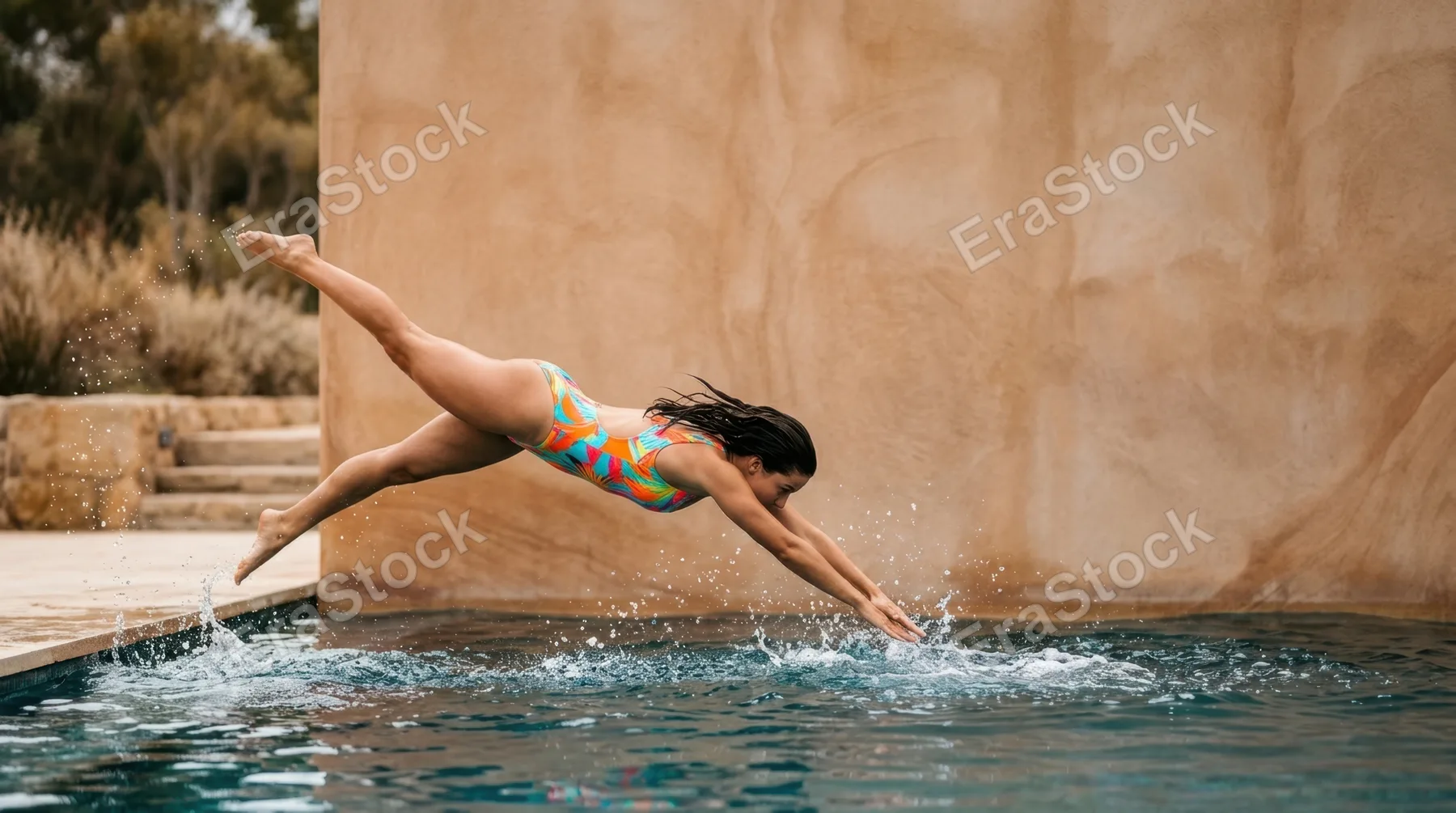 a bold and clean composition of the influencer captured mid-dive, emphasizing her vibrant swimwear against a minimal background filled with earthy tones and generous