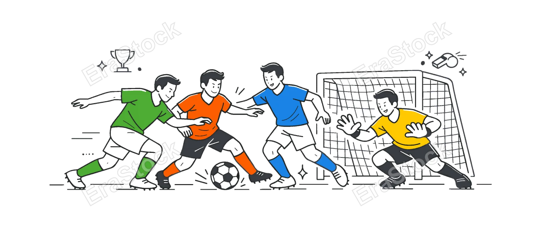 A dynamic football match scenario where players compete on the field during an intense game, shown through a small group interacting near a simple goal post and soccer