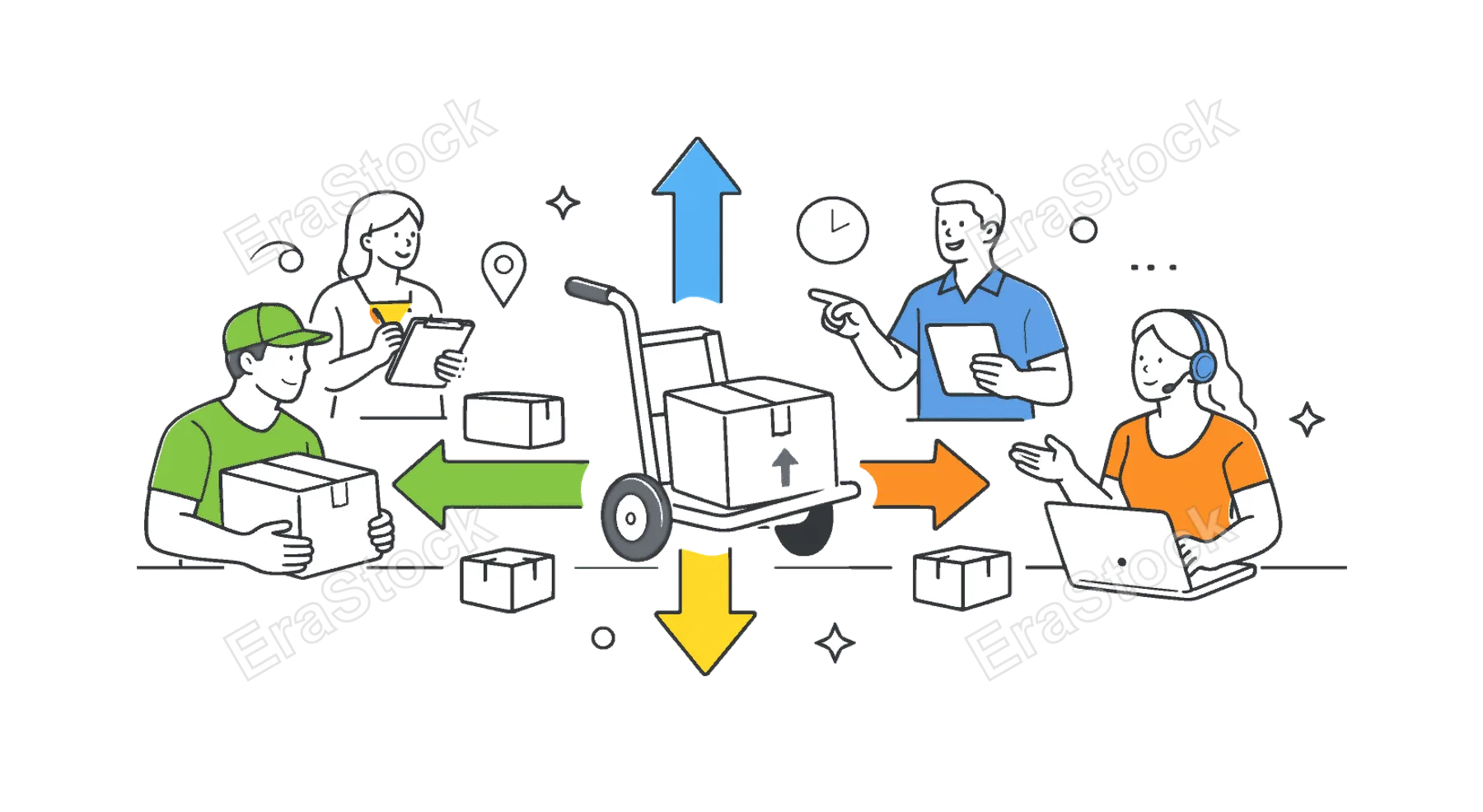 Team coordinating physical workload and transport tasks in a distribution process to ensure timely delivery, visualized with a metaphor of a central hand truck connected