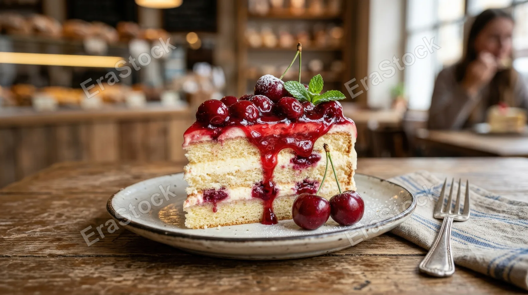 A cherry cake slice on a dessert plate, glossy fruit topping, soft sponge layers and charming bakery sweetness, ultra-realistic, no logos.