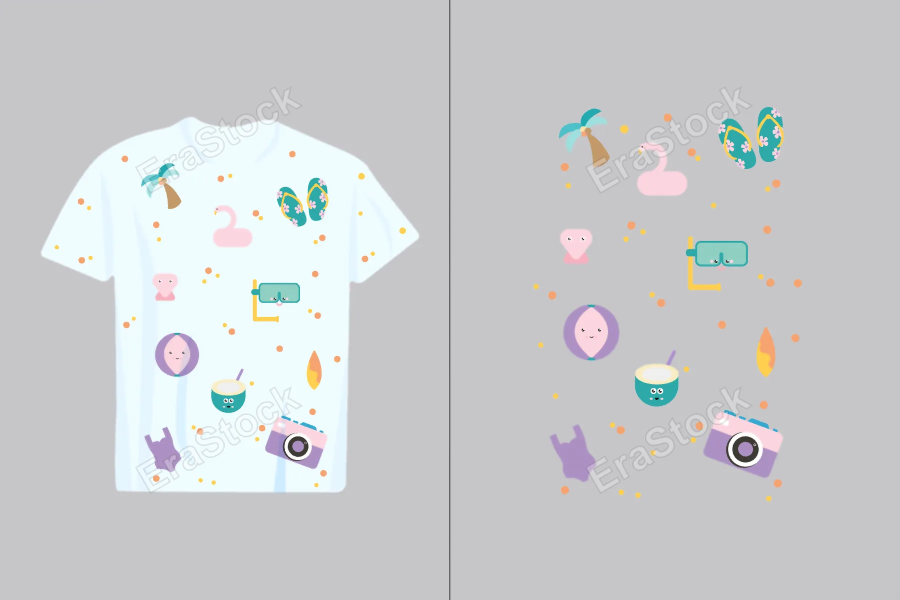 A collection of fun, cartoonish summer vacation elements including a flamingo, palm tree, flip-flops, and camera
