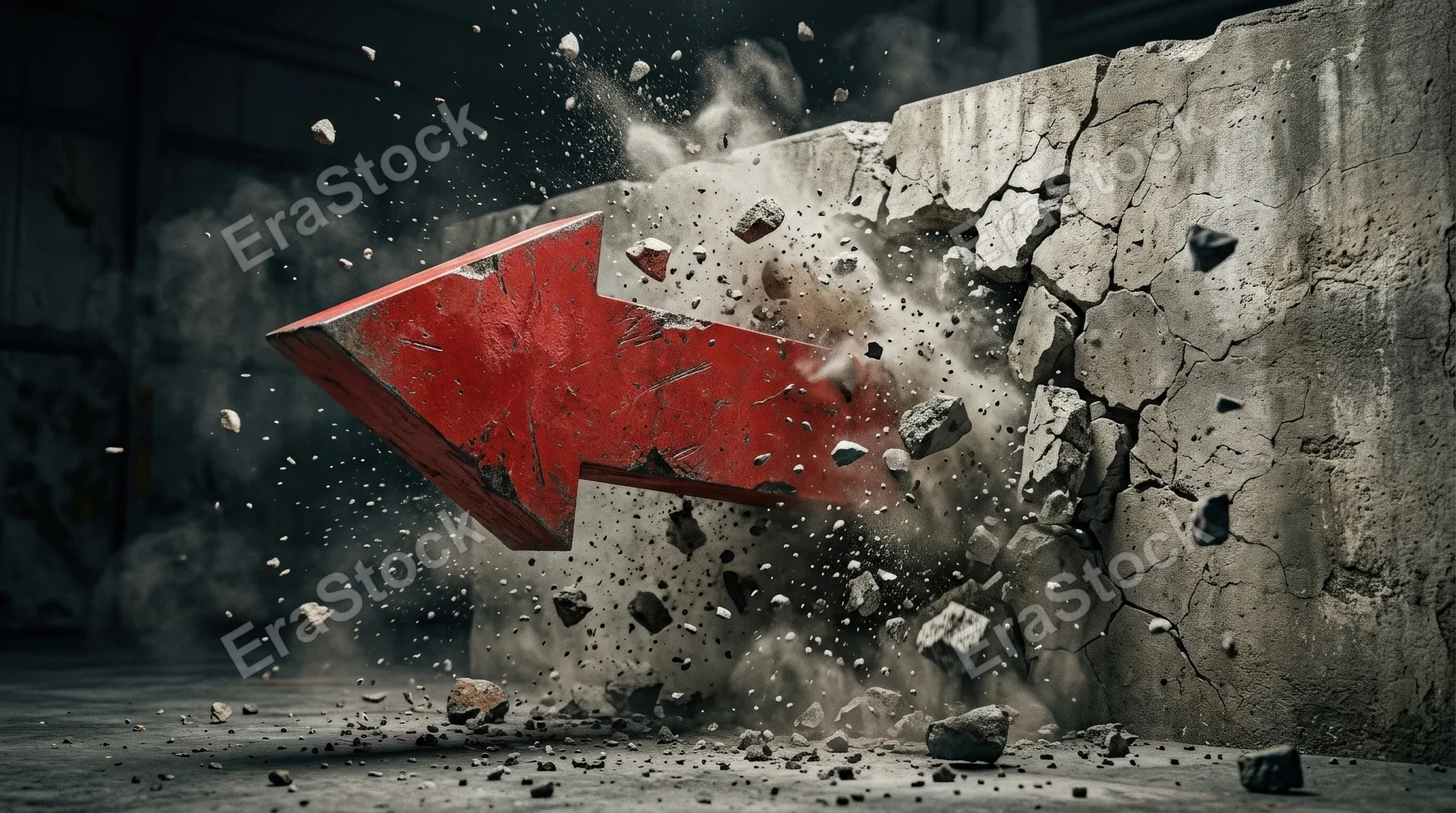 A large red arrow crashing through a solid wall, debris exploding outward, powerful motion, minimal backdrop, symbol of market disruption breakthrough and overcoming obstacles, intense dramatic