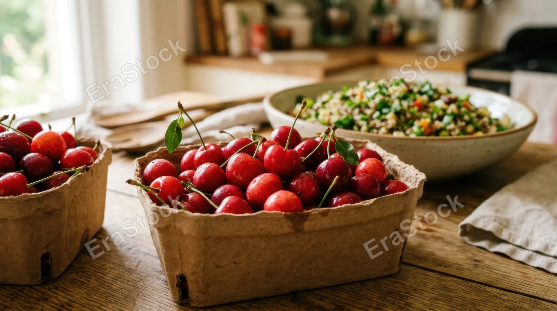 a close-up detail shot focusing on the vibrant red cherries nestled in paper punnets, with the earthy greens and quinoa of the grain salad softly blurred in the