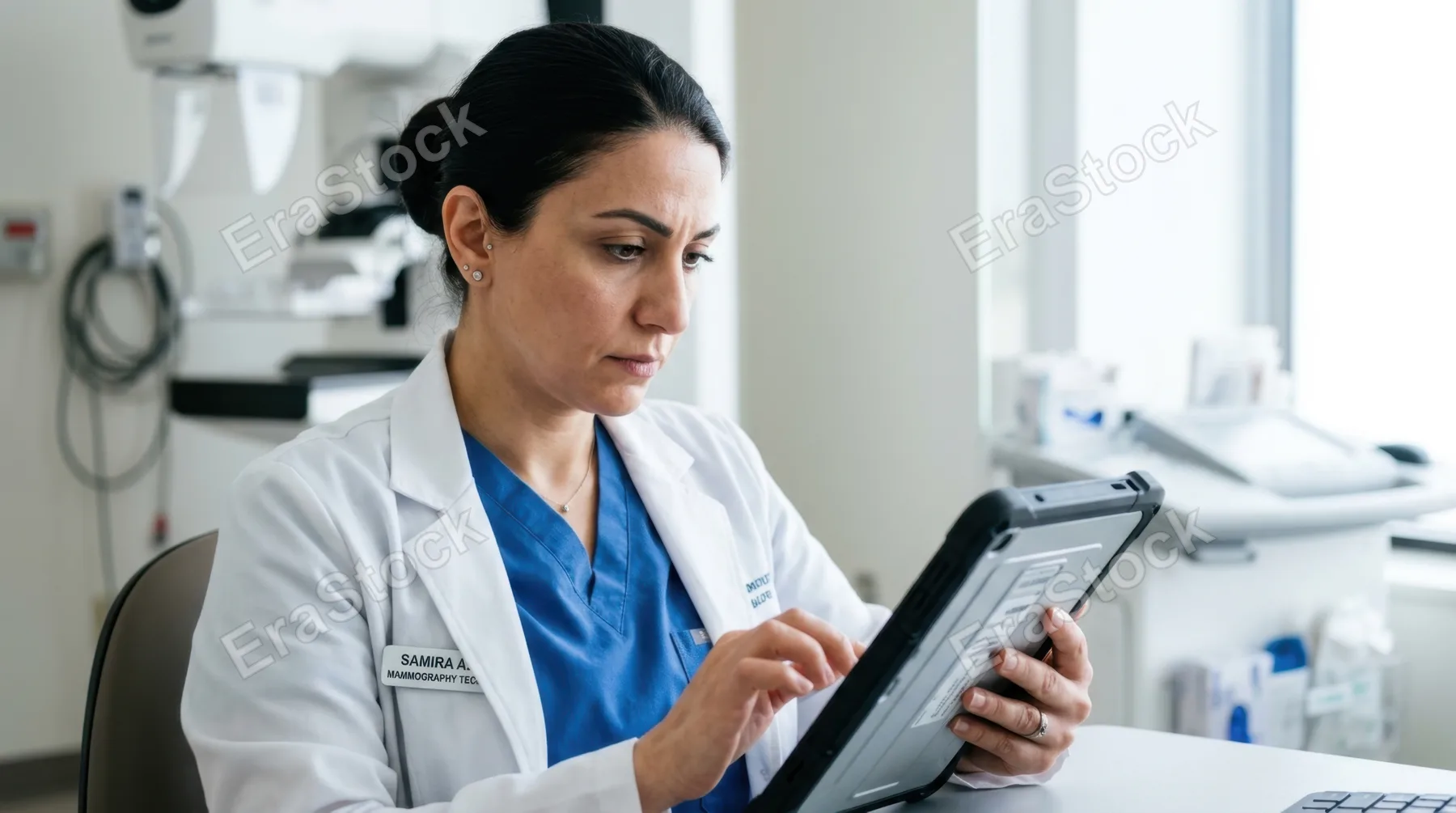 a tight focus on the 38-year-old middle eastern female mammography technologist as she documents patient information on a tablet, showcasing her concentration and