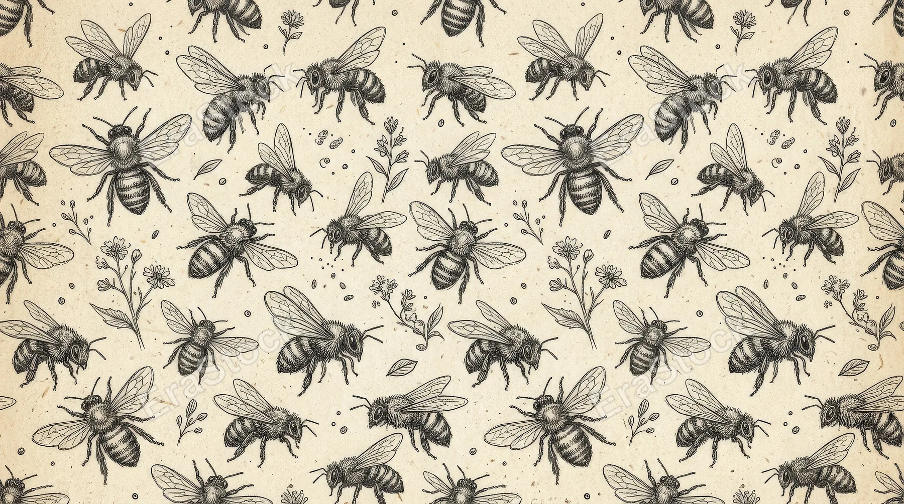 A monochrome seamless bee sketch pattern with delicate wing detail and hand-drawn texture, natural vintage mood, ultra-realistic, no logos.