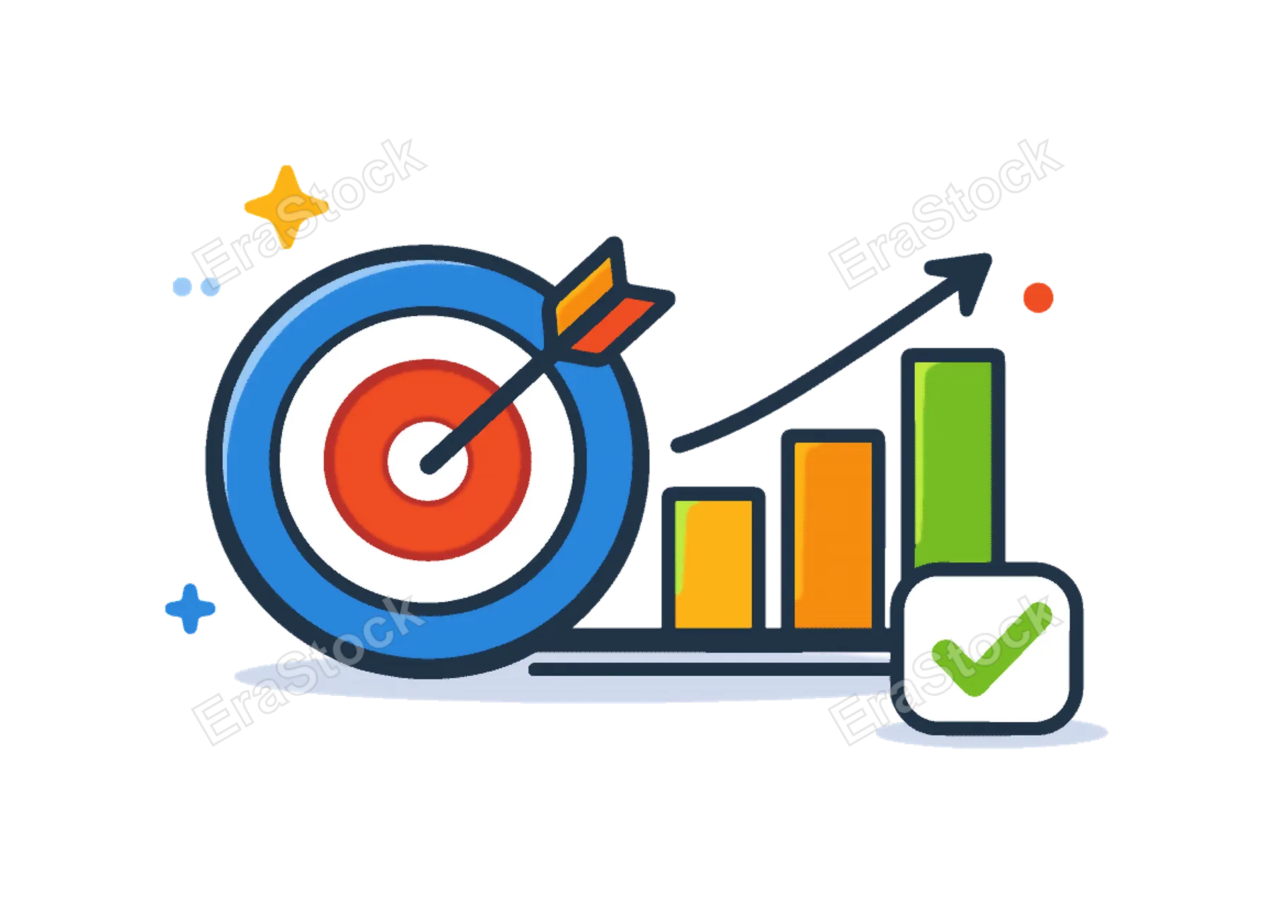 Outcome tracking and KPI alignment in business performance management for data-driven decision making, a target combined with a simple chart and a small checkmark
