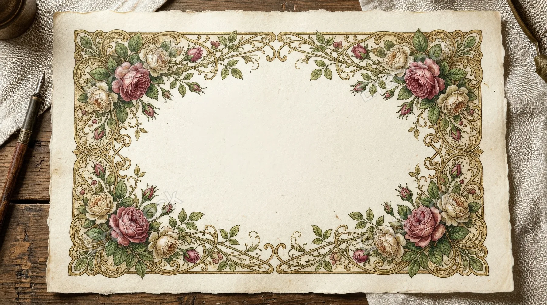 A vintage nouveau floral border of roses and delicate leafy vines, ornate corner framing with romantic botanical elegance for a timeless invitation feel, ultra-realistic, no logos.
