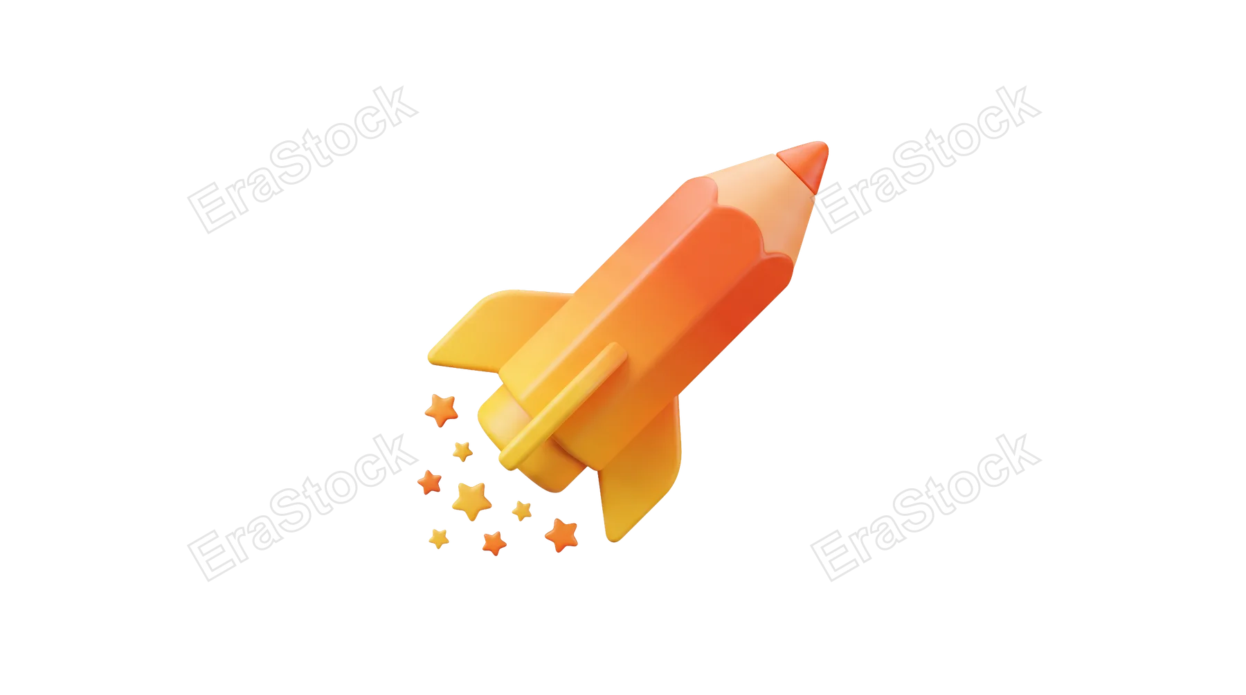 A 3D rendered pencil shaped like a rocket ascends rapidly, leaving a trail of small stars, representing creative ideas taking flight and swift progress