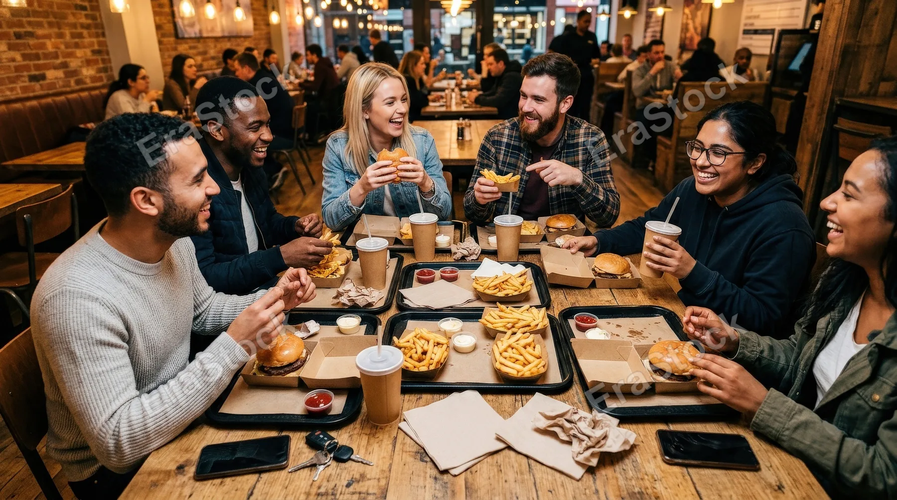 High-angle view of friends sharing fast food at a restaurant table, burgers, fries, drinks, scattered trays, cheerful social energy, warm ambient lighting, ultra-realistic, no logos.