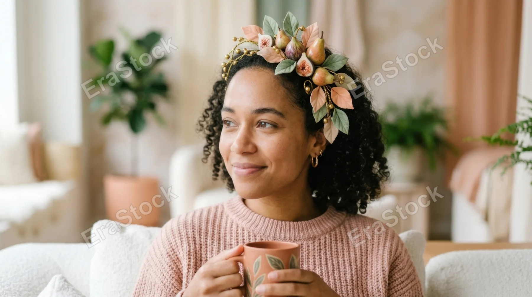 tight focus on the advocate's relaxed expression as she sits on the cloud sofa, her fruit-inspired headpiece and fashionable outfit reflecting the serene ambiance. the