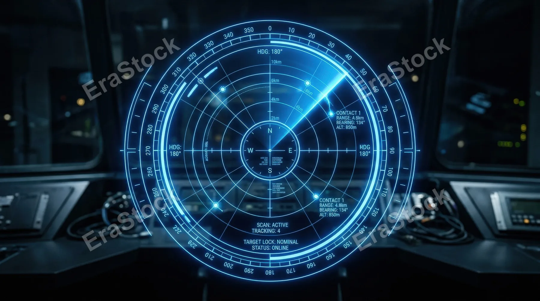 A blue glowing circular HUD ring with radar-style frame lines and clean digital scanner symmetry, ultra-realistic, no logos.
