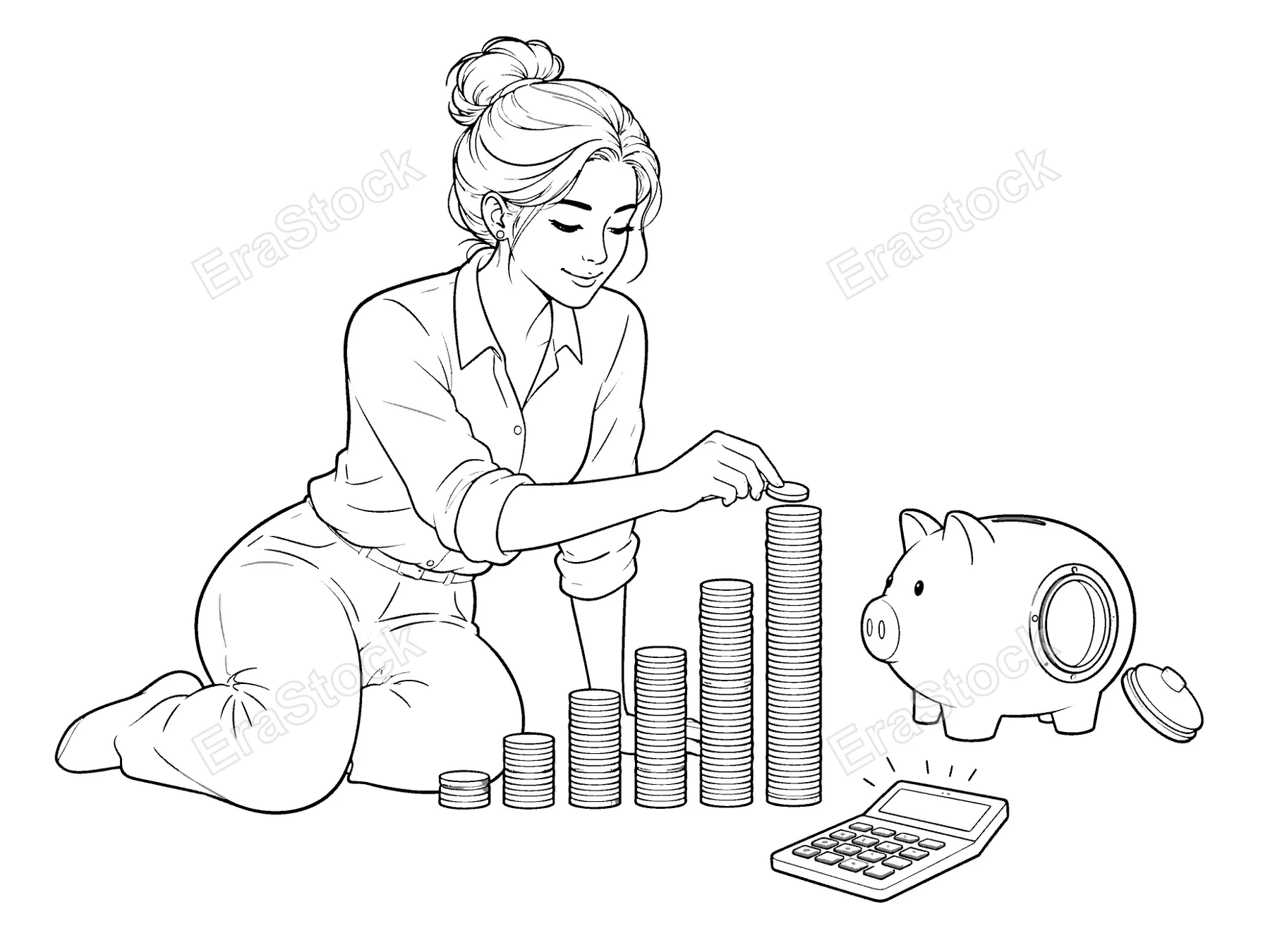 A woman is shown on the floor, meticulously stacking coins into a growing pile beside a piggy bank and a calculator, symbolizing personal finance and savings