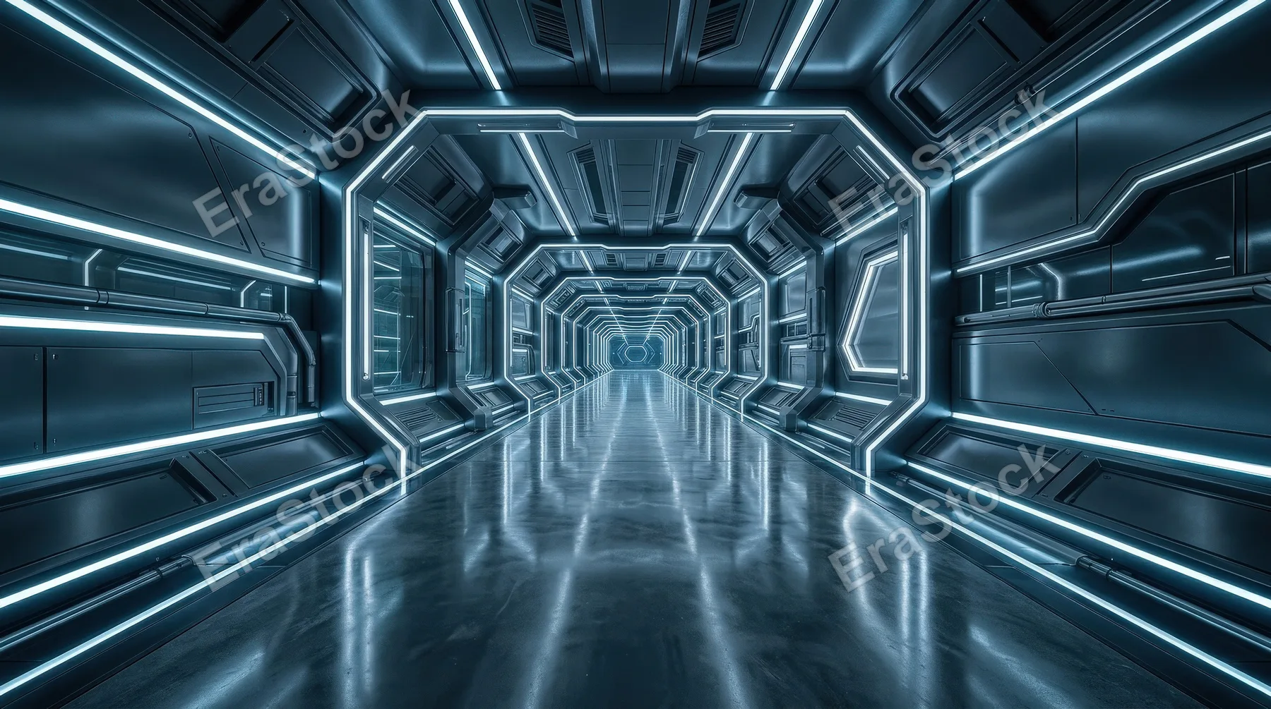 An empty futuristic sci-fi corridor with illuminated walls and polished cement floor, dramatic depth, clean showcase environment, ultra-realistic, no logos.