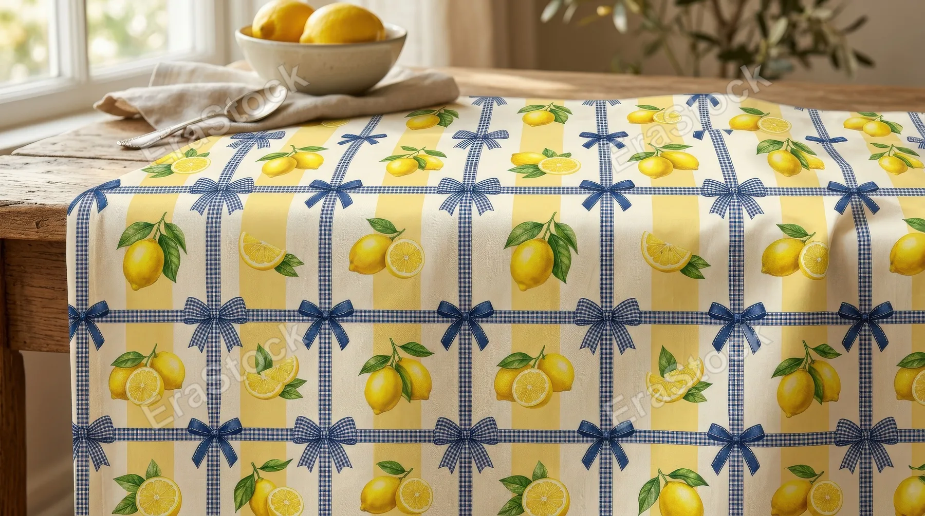 A checkered pattern with bows and lemons on a yellow striped background, sunny palette, fresh citrus charm and elegant retro energy, ultra-realistic, no logos.