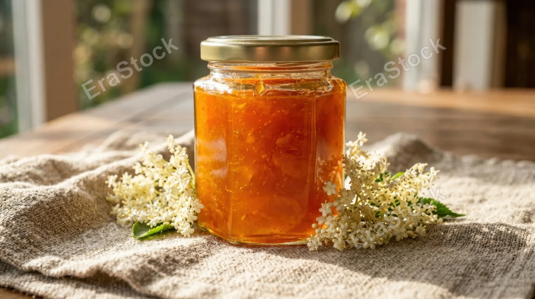 a close-up detail of the apricot jam jar, highlighting the vibrant orange jam inside the clear glass. the soft elderflower blooms surround the base of the jar, and the