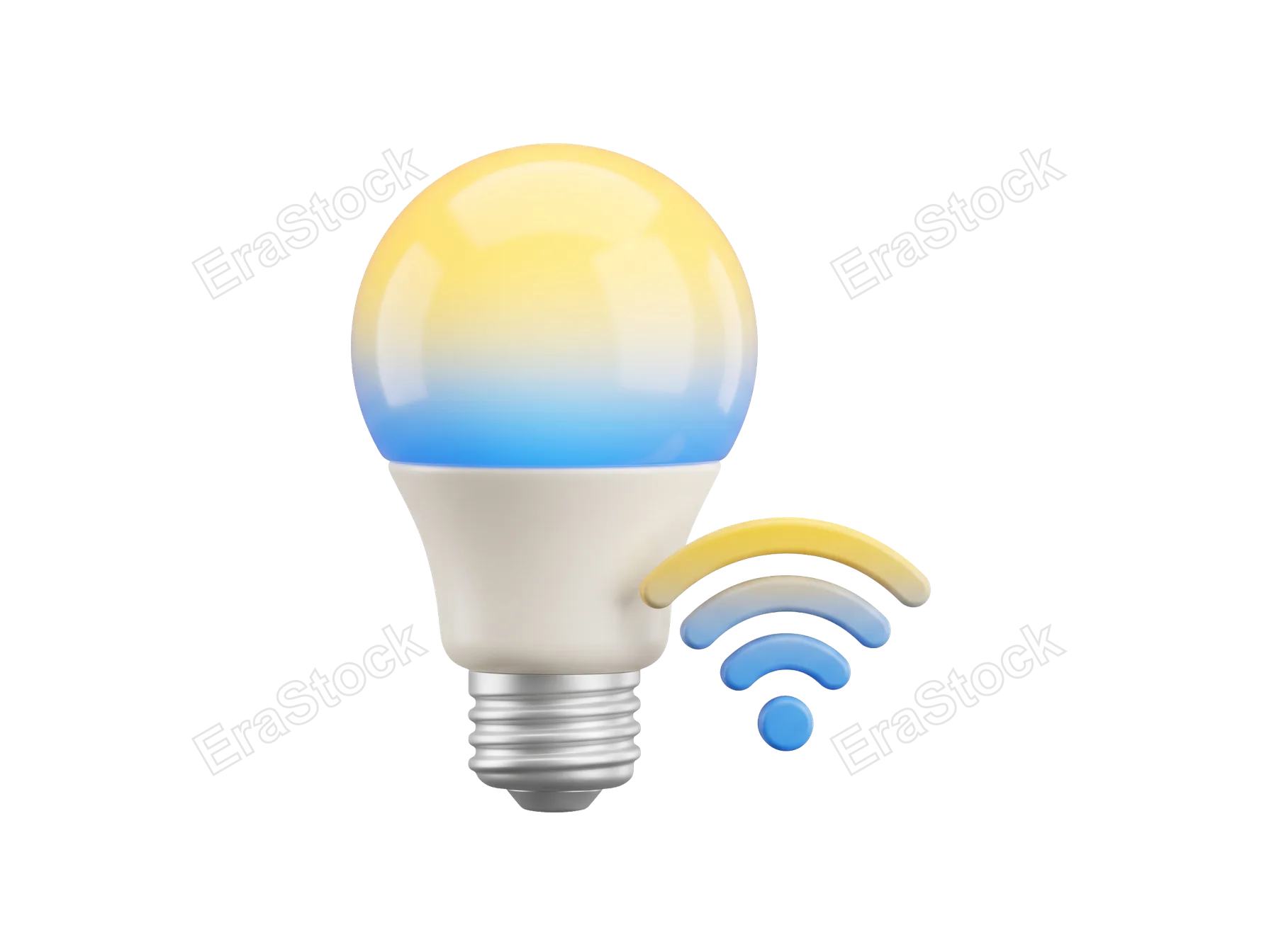A modern smart bulb glows with a gradient of yellow and blue, accompanied by a Wi-Fi signal icon, symbolizing connected home technology