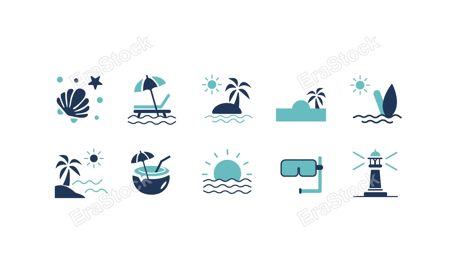 Collection of beach and ocean themed icons for summer vacation and travel