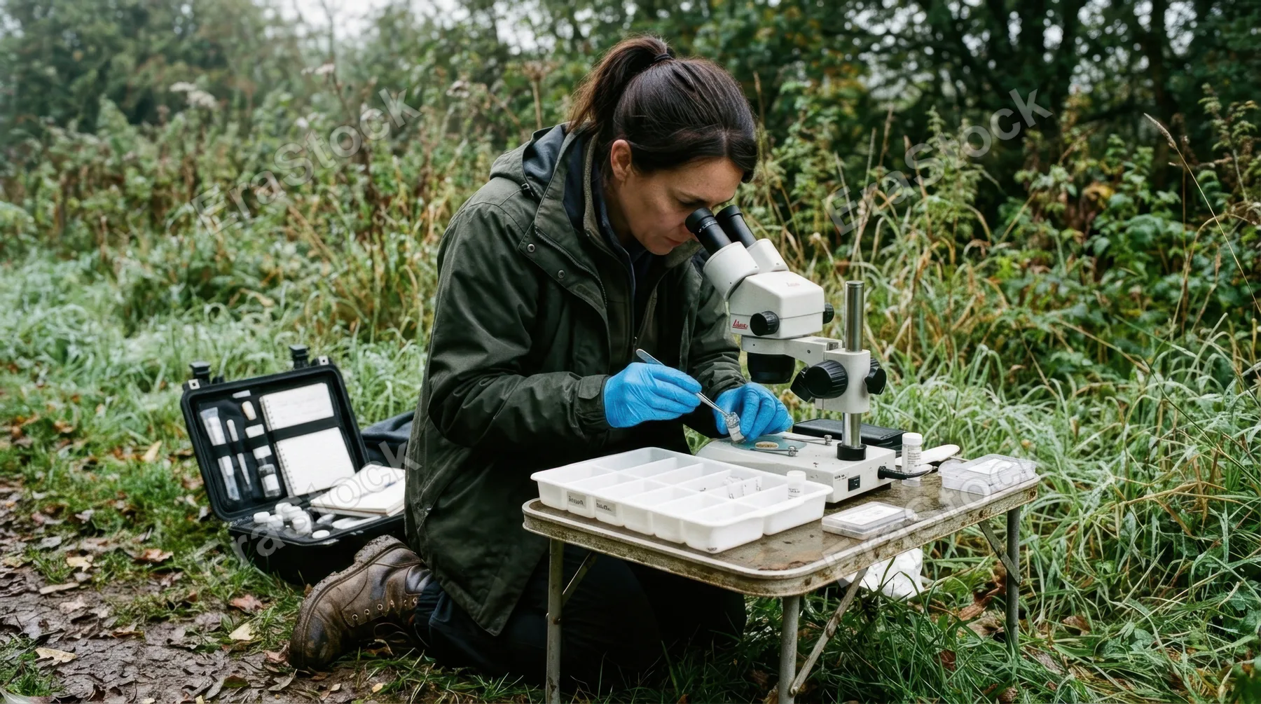 A forensic entomologist examining insect evidence under a portable field microscope at an outdoor scene, blue nitrile gloves manipulating a specimen with micro-forceps