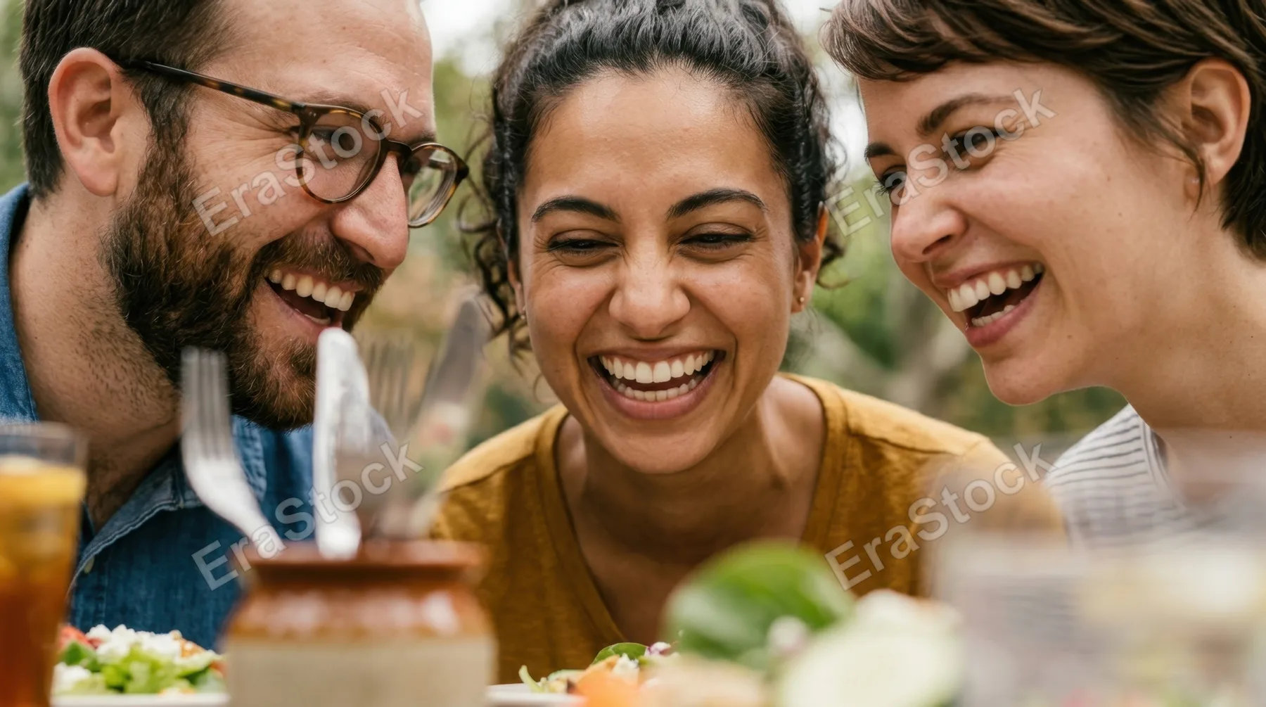 an intimate close-up of joyful faces as coworkers share laughter over a light lunch on a rustic picnic table. the camera focuses tightly on their expressions, showcasing