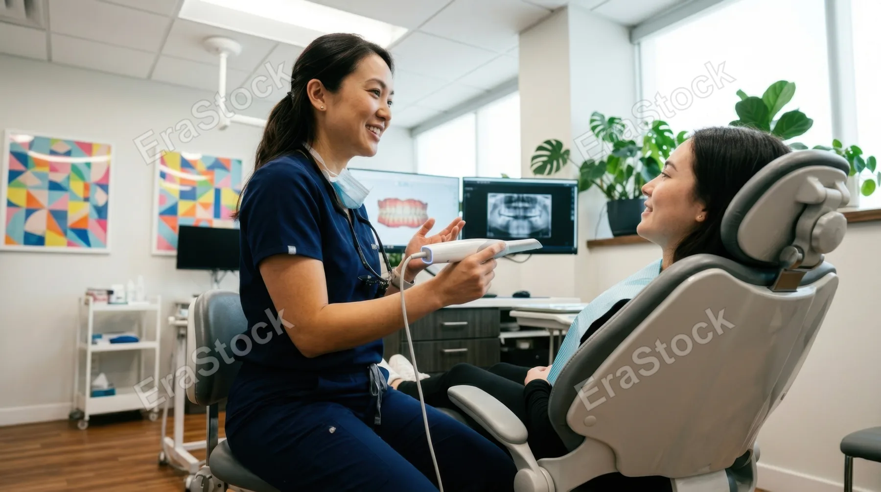 from a low angle, the 29-year-old asian female orthodontist is seen gesturing towards a patient with a calming smile while the handheld scanner is positioned between them