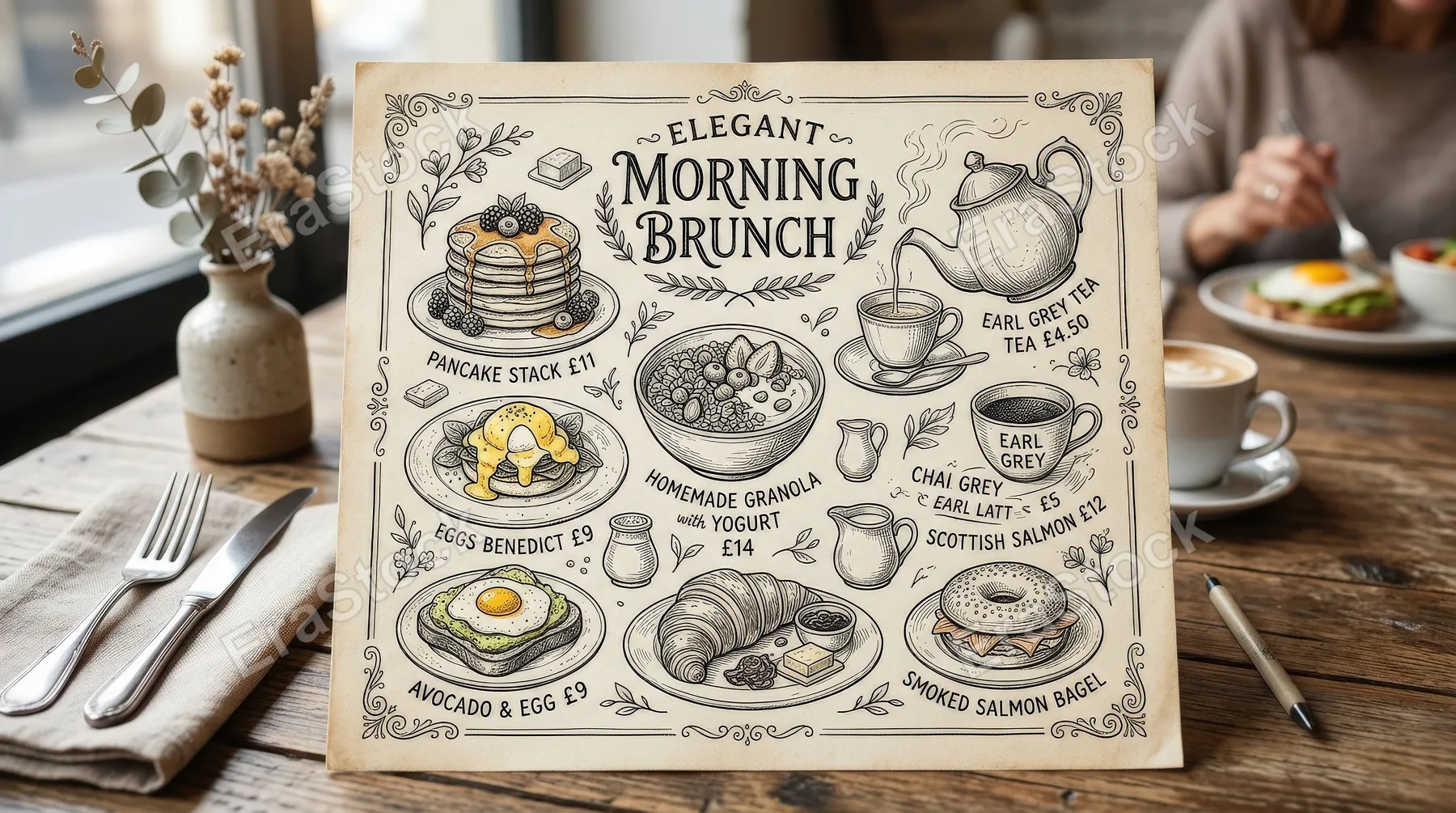 Elegant retro breakfast and brunch doodles with morning tea icons, vintage ink linework and a calm inviting café-menu mood, ultra-realistic, no logos.