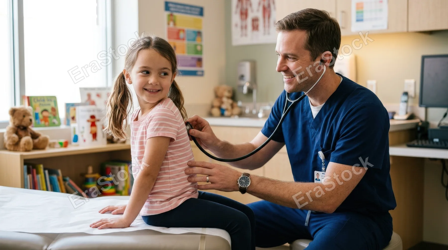 A smiling male pediatrician examining a girl's back with a stethoscope in a hospital, calm child, caring posture, soft clinical lighting, reassuring medical scene, ultra-realistic, no logos.