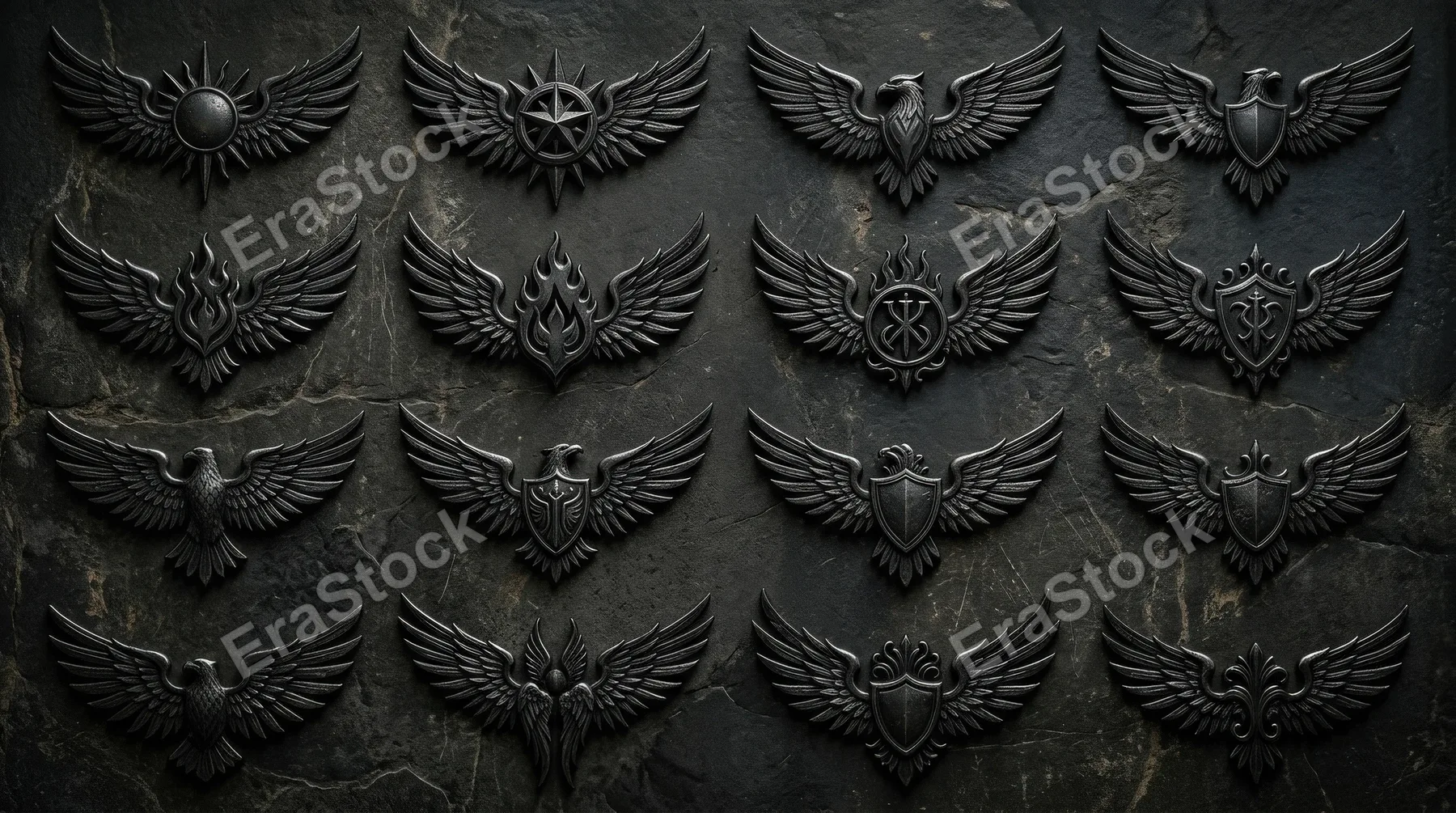 A dramatic set of black wing icons, angelic and bird-inspired badge shapes with bold silhouettes and elegant symmetry, mystical emblem atmosphere, ultra-realistic, no logos.