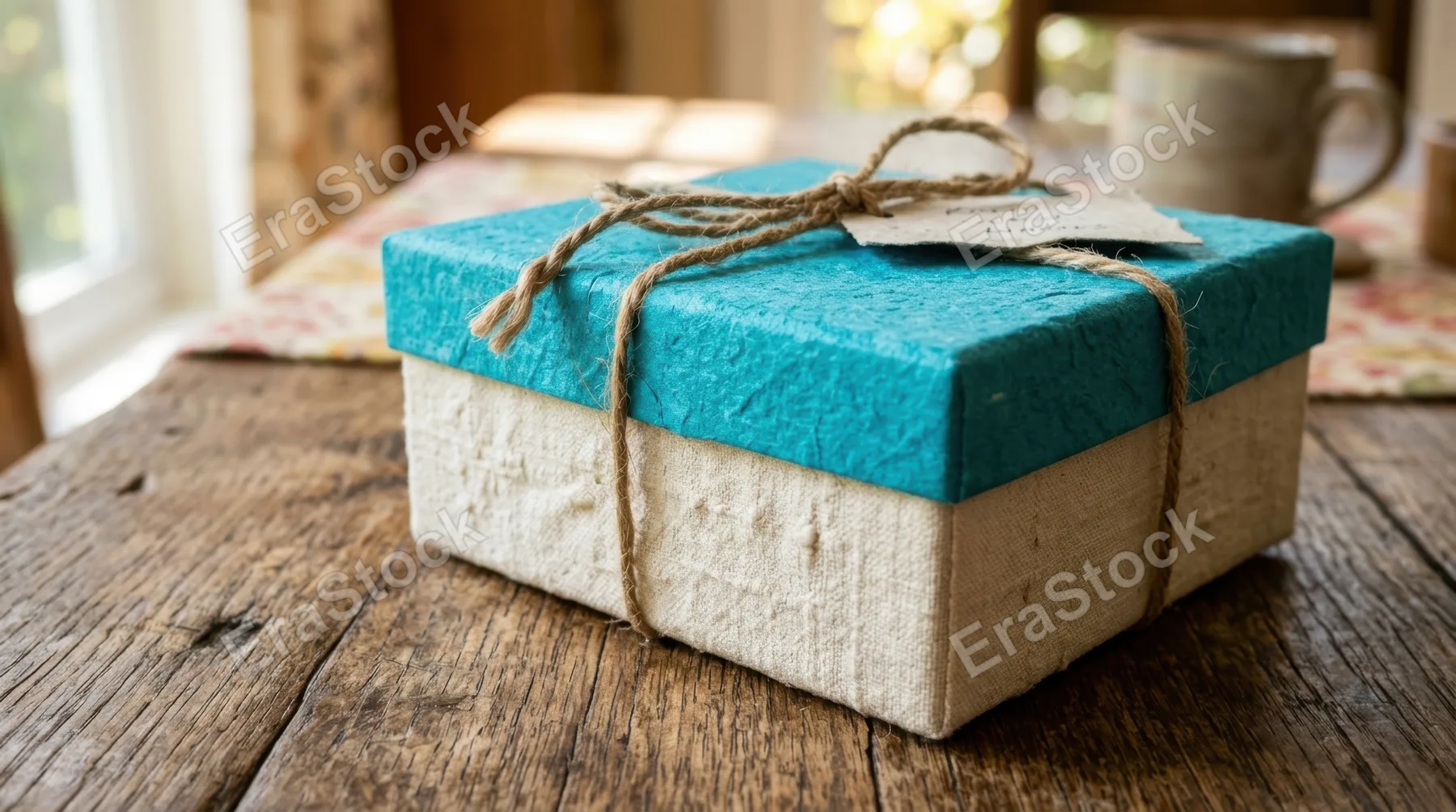 a close-up view of the textured surfaces of the gift box, showcasing the creamy white accents and vibrant turquoise lid. the rustic wooden table underneath adds depth,