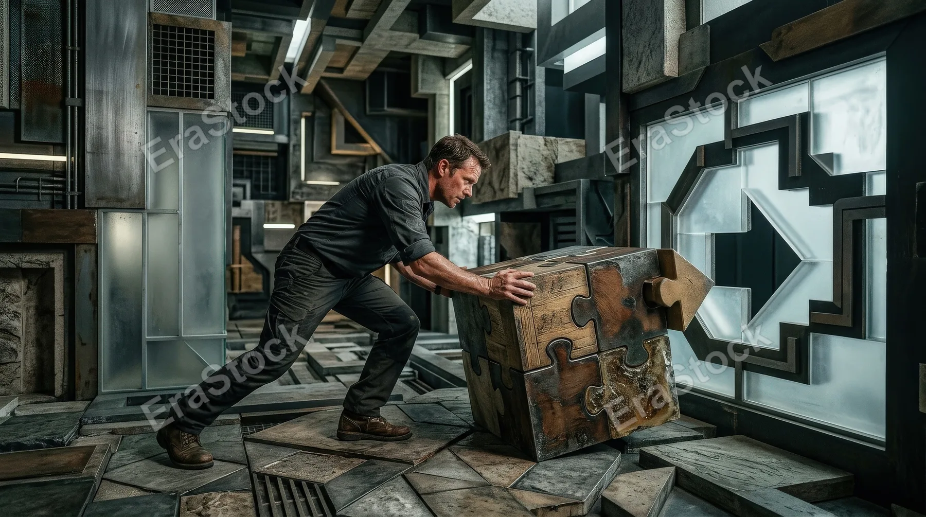 A man pushing a puzzle-shaped cube toward a missing arrow piece, abstract geometric setting, tactile surfaces, mood of effort, connection and strategic problem solving, ultra-realistic, no logos.