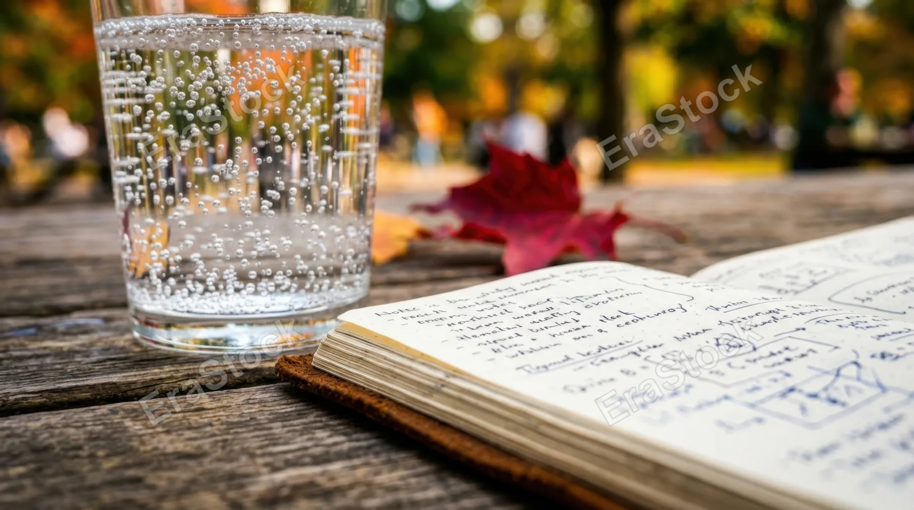 a close-up of a glass of sparkling water on a rustic park table, focusing on the fizzy bubbles rising to the surface. surrounding the glass, open notebooks filled with