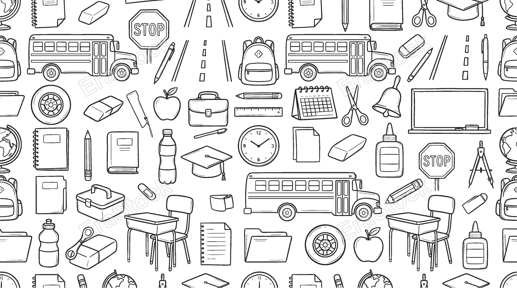 Student daily commute and learning environment concept focused on school bus travel combined with educational supplies and classroom organization. Objects of school bus, bus side,