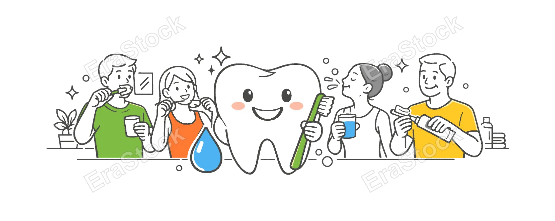 Individuals maintaining daily oral hygiene habits as part of a healthy lifestyle routine at home, represented through a metaphor of a smiling tooth with simple care