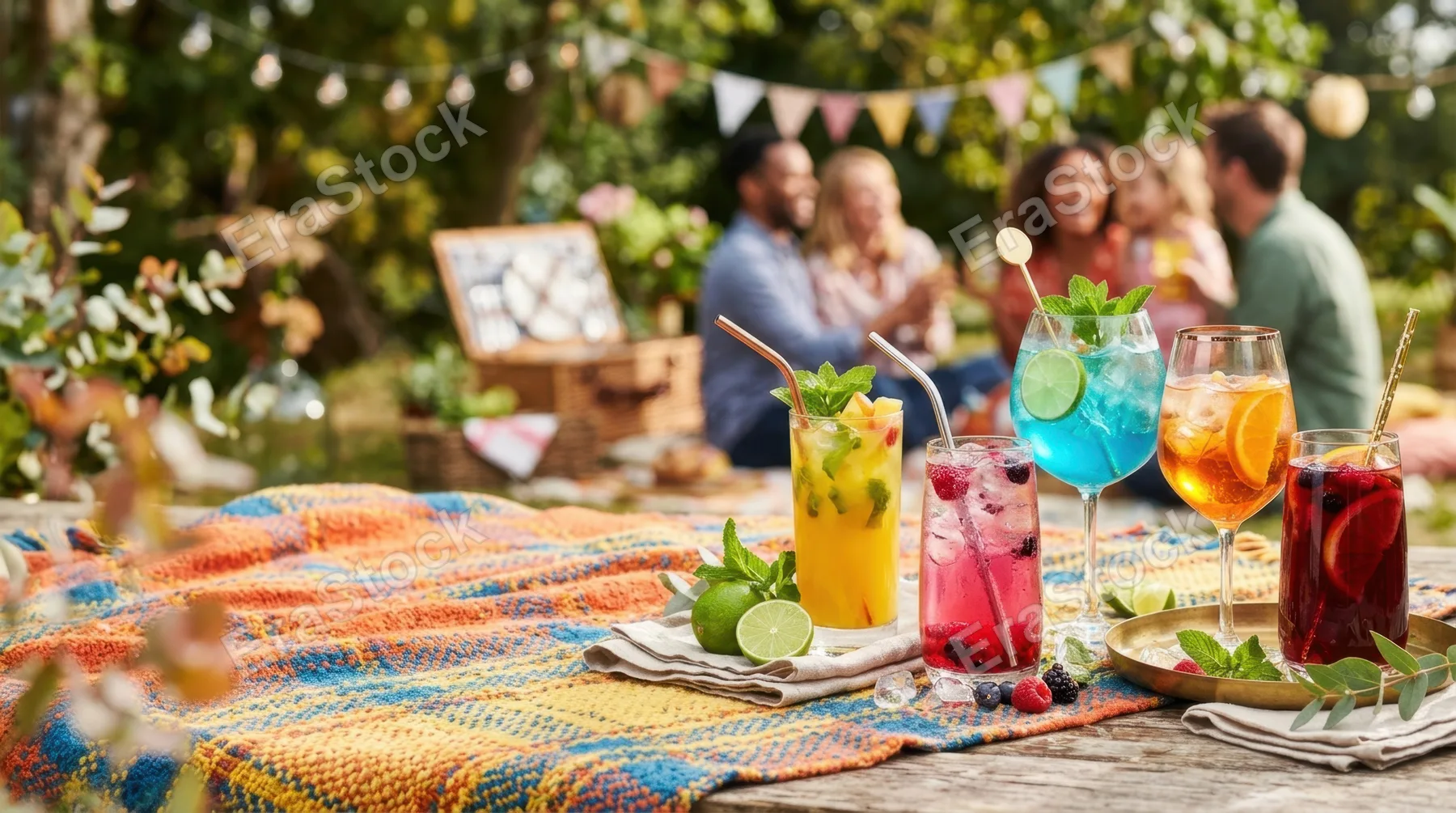 a graphic commercial shot featuring the vibrant colorful drinks with metallic accents artfully placed against the textured picnic backdrop, ensuring generous copy space