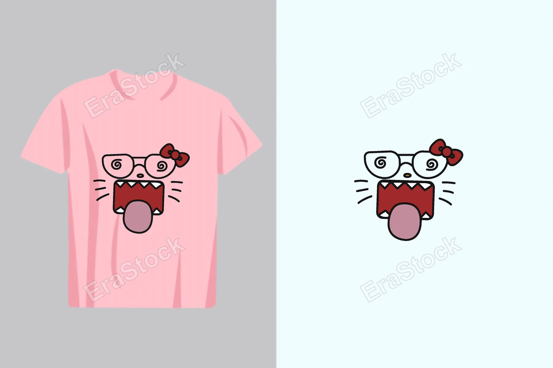 A playful and quirky illustration of a cat's face with swirling glasses, a red bow, and an open mouth with its tongue sticking out, presented on a pink t-shirt