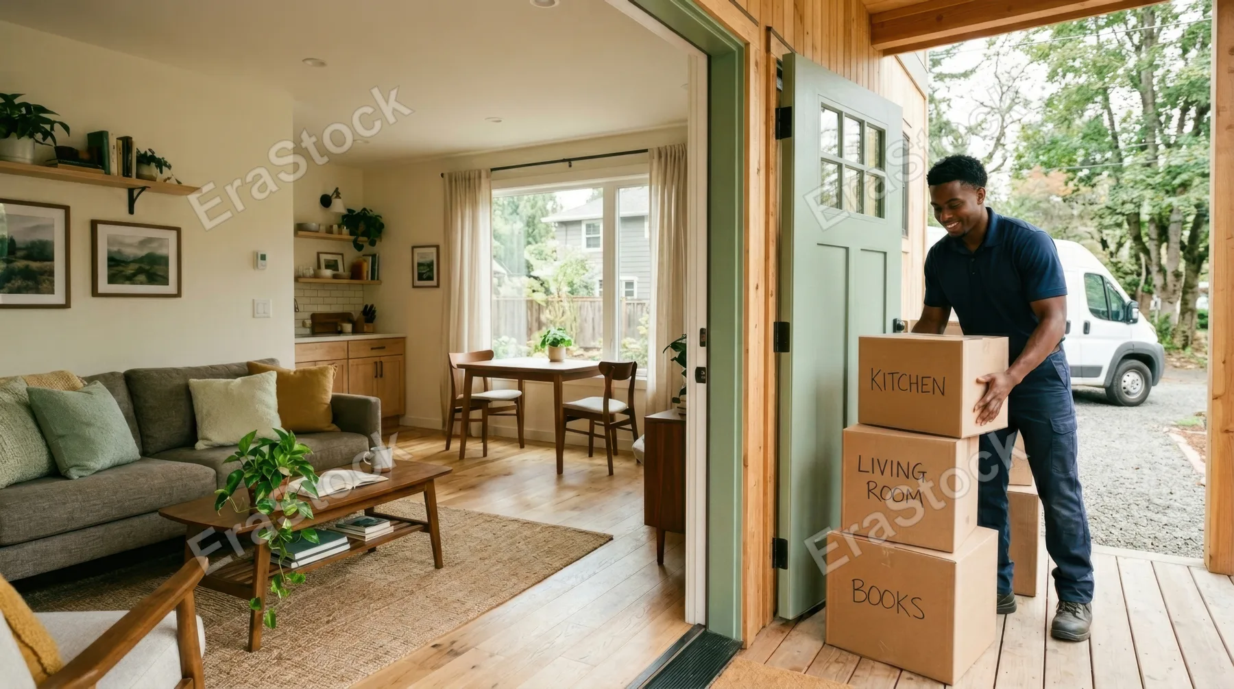 a wide shot of a welcoming living room in a newly built accessory dwelling unit, featuring a 25-year-old black male mover stacking boxes at the front doorstep. the