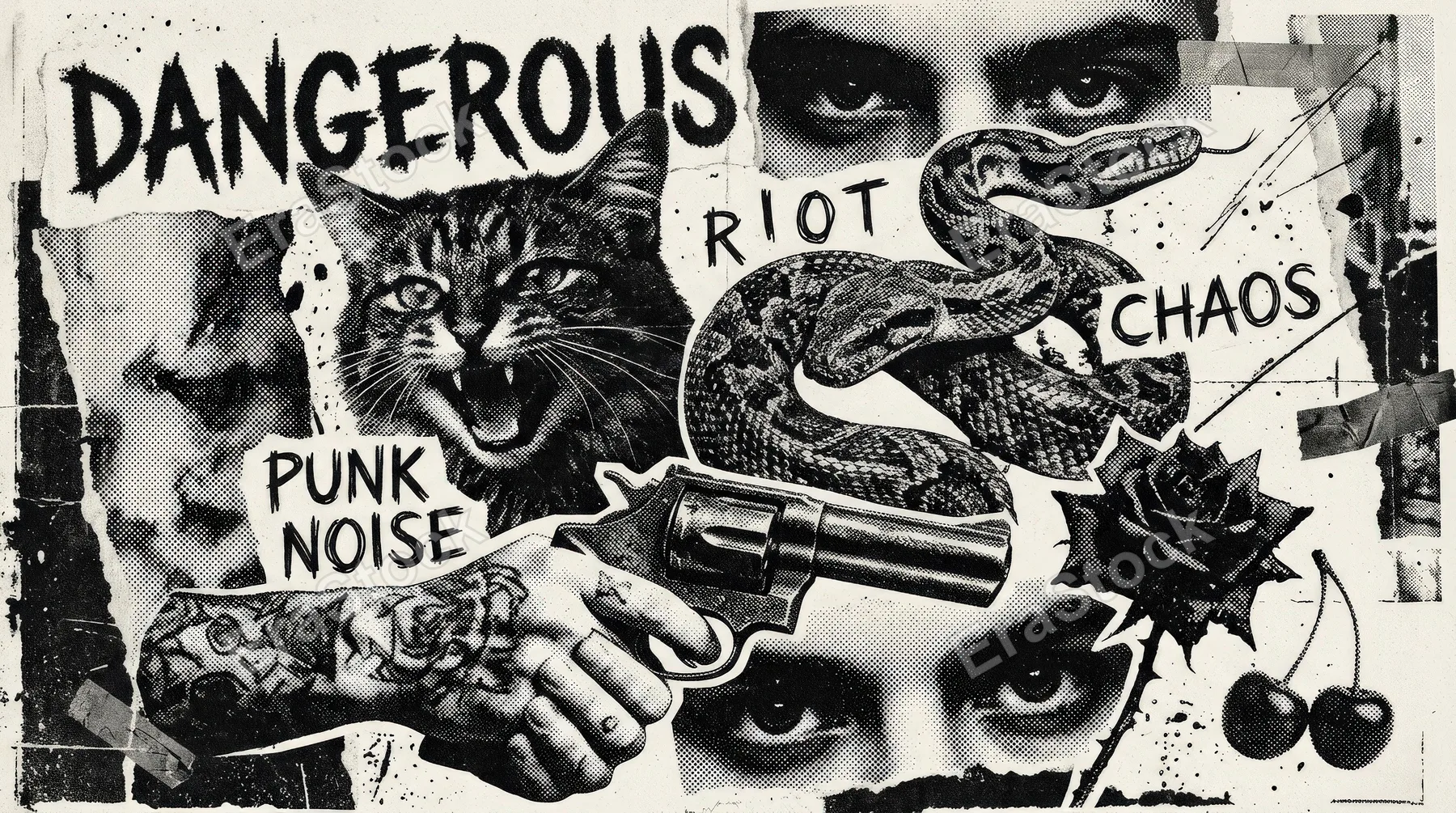 Dangerous retro collage elements with photocopy stipple effect, cat, snake, flower, cherry, pistol, hands and eyes in gritty dotwork, rebellious punk mood, ultra-realistic, no logos.