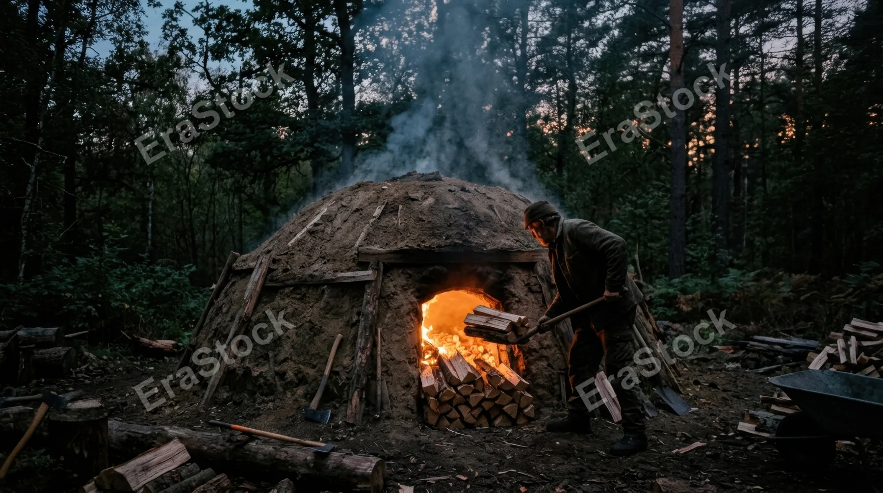 A traditional charcoal kiln in dense forest being loaded by a charcoal burner at dusk, the circular earth mound structure four meters across with carefully stacked