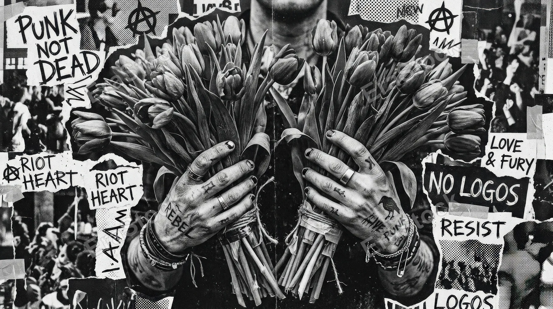 Retro grayscale hands holding bouquets of tulips with photocopy-inspired texture, punk collage styling, raw contrast, rebellious romantic mood, ultra-realistic, no logos.