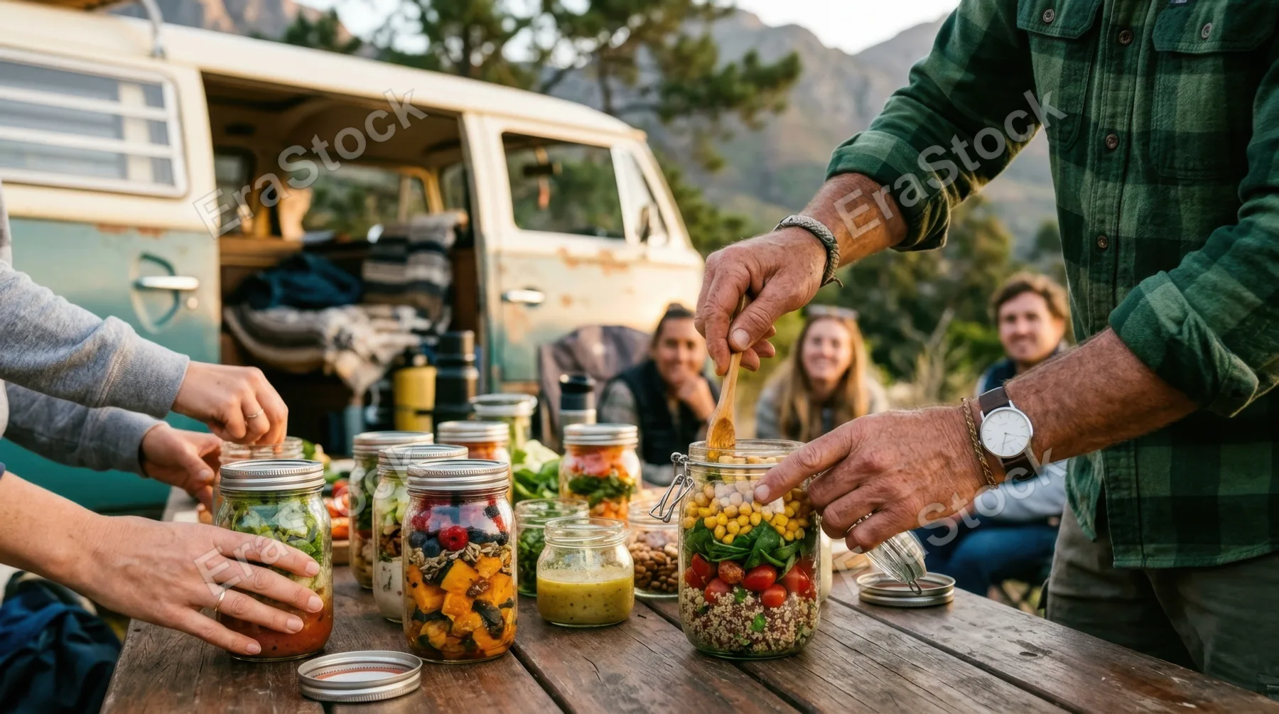 a close-up of the hiker's hands as he demonstrates how to prepare healthy picnic ingredients, colorful glass jars artfully arranged on a table outside the campervan. the